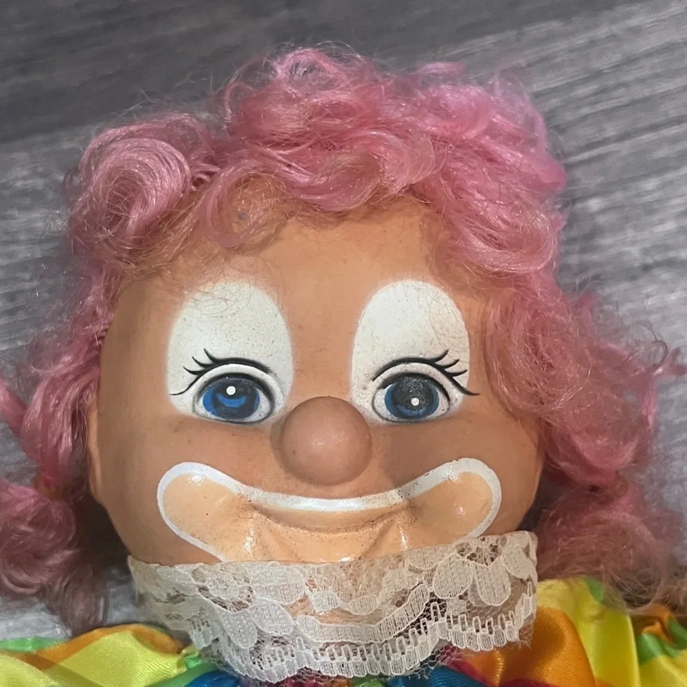 Vintage Colorful Clown Doll with Rainbow Dress
